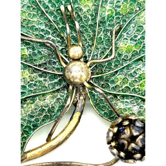 Vintage Art Deco Spider Brooch Green Leaf Flower 800 Silver Gold-tone Wash - Picture 3 of 16